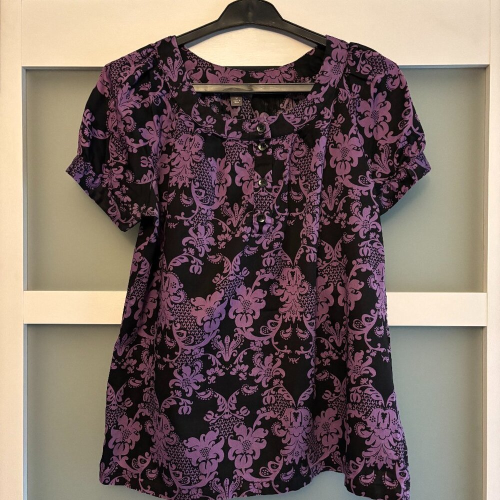 Apt. 9 Purple & Black Damask Floral Short Sleeve Blouse - M